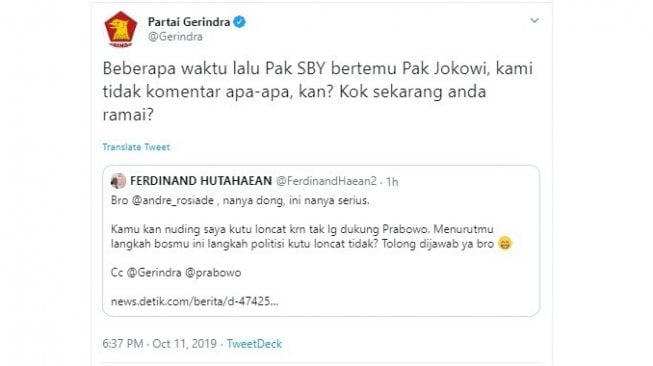 Partai Gerindra menjawab sindiran Ferdinand Hutahaean (twitter @Gerindra)