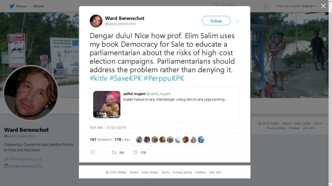 Peneliti sekaligus penulis Democracy for Sale memuji Emil Salim - (Twitter/@ward_berenschot)