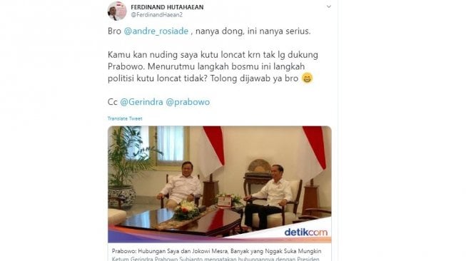 Ferdinand sindir kedekatan Prabowo dan Jokowi jelang pelantikan presiden (twitter @FerdinandHaean2)