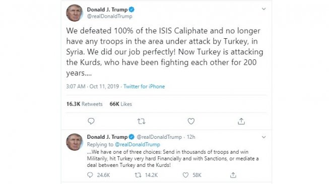 Presiden Amerika Serikat Donald Trump geram terhadap serangan militer Turki terhadap pasukan Kurdi di Suriah. (twitter @realDonaldTrump)