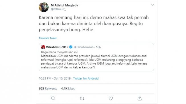 Ketua Badan Eksekutif Mahasiswa UGM Atiatul Muqtadir alias Fahtur membalas kritik Fahri Hamzah. (twitter @fathuurr_)