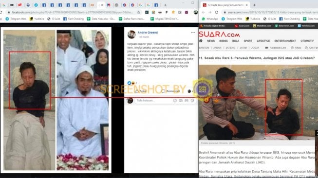 Bidik layar unggahan soal pelaku penyerangan Menkopolhukam Wiranto. (Foto: bidik layar Facebook / via Turnbackhoax.id)