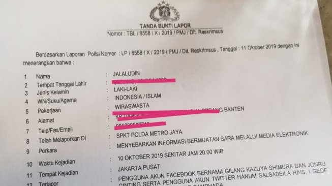 Bukti laporan kasus dugaan ujaran kebencian Hanum Rais, Jerinx SID hingga Jonru Ginting. (Dok: Muannas Alaidid).