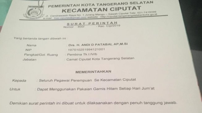 Viral Pegawai Kecamatan Ciputat Wajib Pakai Gamis, Camat: Tidak Pernah Ada