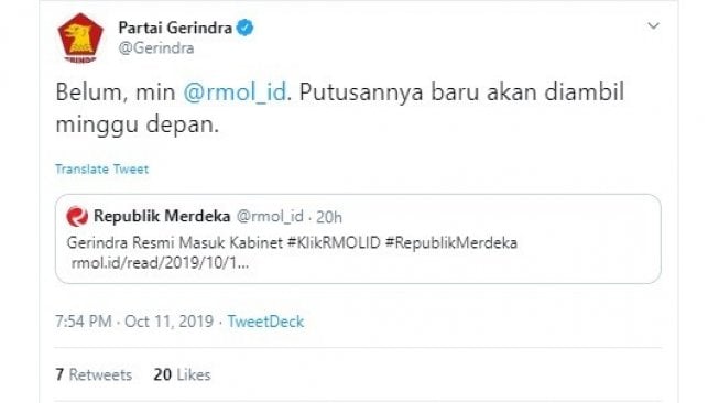 Gerindra bocorkan kapan keputusan masuk Kabinet Jokowi (twitter @Gerindra)