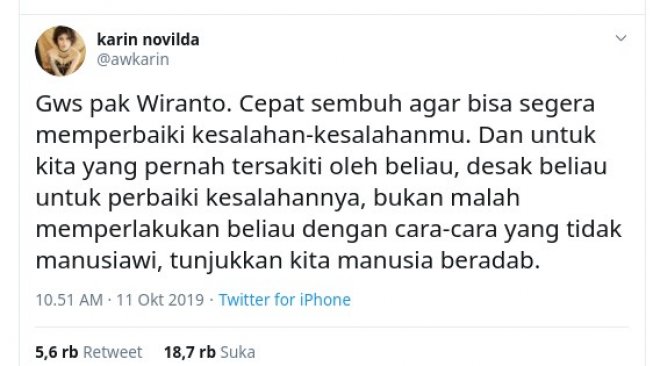 Doakan Wiranto Cepat Sembuh, Awkarin: Desak Beliau Perbaiki Kesalahannya