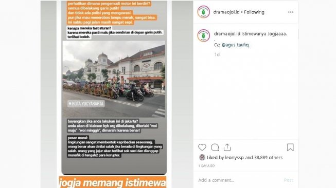 Foto viral pemotor di Titik Nol Kilometer Yogyakarta - (Instagram/@agus_taufiq_/@dramaojol.id)
