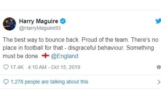 Cuiten bek Timnas Inggris, Harry Maguire terkait pelecehan rasis saat Timnas Bulgaria vs Inggris, Senin (15/10/2019). (Twitter/@HarryMaguire93)