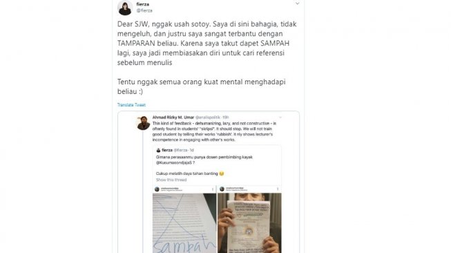 Fierza membalas cuitan Ahmad Rizky soal foto viral skripsi dicoret dan ditulis 'sampah'. (twitter @fierza)