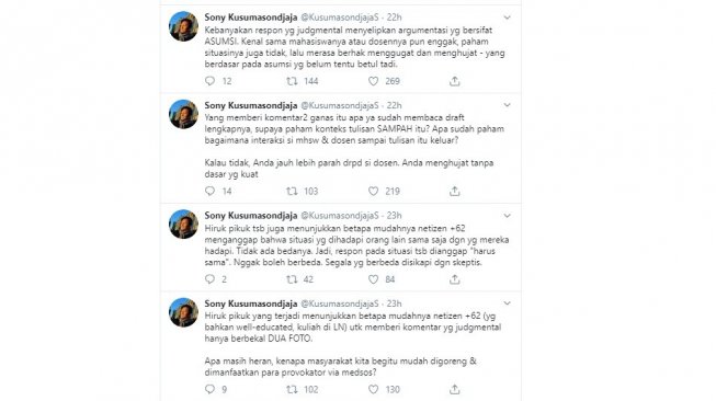 Klarifikasi Sony Kusumasondjaja, dosen yang coret dan tulis 'sampah' di skripsi mahasiswa. (twitter @KusumasondjajaS)