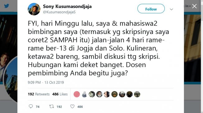 Cuitan Dosen Sony Kusumasondjaja - (Twitter/@KusumasondjajaS)