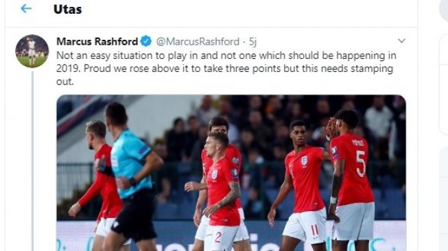 Tangkapan layar pernyataan Marcus Rashford soal insiden rasis yang terjadi saat Timnas Bulgaria menghadapi Inggris. Senin (15/10/2019). (Twitter/@MarcusRashford)