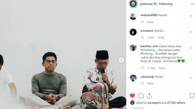 Tangkapan layar netizen dan sejumlah sleman fans mengirimkan doa kepada tim kebanggannya bertarung di Liga 1 2019. (Instagram/@pssleman)