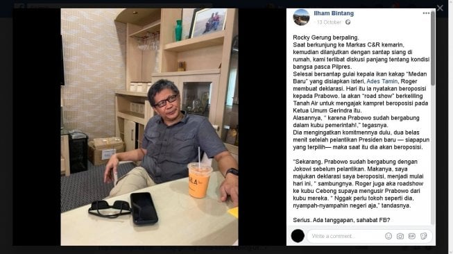 Tulisan wartawan Ilham Bintang setelah bertemu Rocky Gerung - (Facebook/Ilham Bintang)