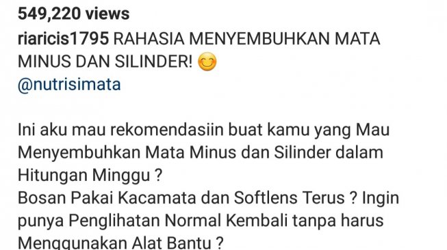 Postingan suplemen mata Ria Ricis disemprot dokter mata. (Dok Instagram/@RiaRicis1795)