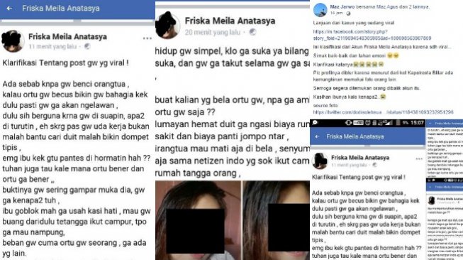 Klarifikasi akun Friska Meila Anatasya tentang postingan viral anak jual ibu. (Facebook Maz Jarwo)