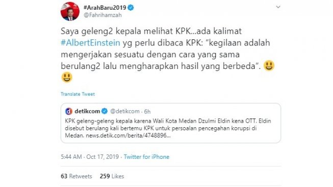 Mantan Wakil Ketua DPR RI Fahri Hamzah heran dengan kondisi Komisi Pemberantasan Korupsi (KPK) (twitter @Fahrihamzah)