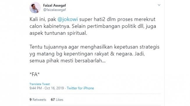 Faizal Assegaf sebut Presiden Jokowi butuh aspek spiritual merekrut kabinet (twitter @faizalassegaf)