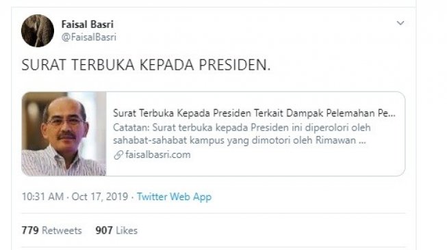 Ekonom senior Faisal Basri mengirim surat terbuka kepada Presiden Joko Widodo terkait RUU KPK. (twitter @FaisalBasri)