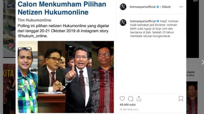 Pengacara Hotman Paris Hutapea masuk dalam polling calon Menteri Hukum dan HAM (Menkumham). (instagram/@hotmanparisofficial)