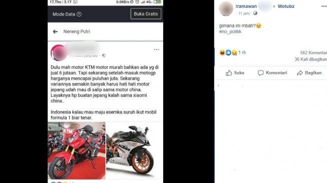 Postingan viral warganet yang susah bedakan mocin KTM. (Facebook)