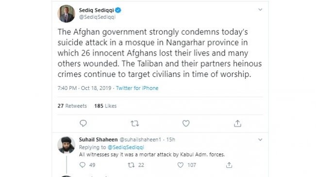 Sediq Sediqqi, jubir Presiden Afghanistan menuding Taliban atas ledakan masjid di Nangarhar, Jumat (18/10.2019) (twitter @SediqSediqqi)  