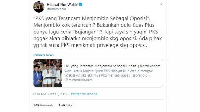 Tanggapan Hidayat Nur Wahid tentang Partai Keadilan Sejahtera (PKS) jadi oposisi. (twitter @hnurwahid)