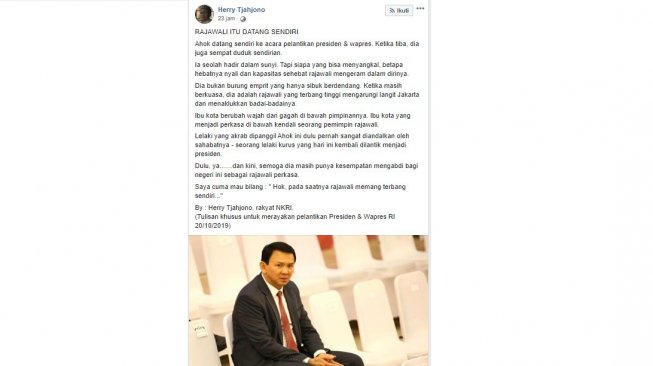 Foto Basuki Tjahaja Purnama (BTP) alias Ahok duduk sendirian di Pelantikan Presiden Jokowi menjadi viral. (Facebook Herry Tjahjono)