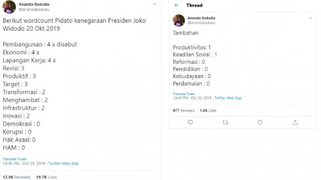 Ananda Badudu menyebut kata "korupsi" dan "HAM" tidak disebut dalam Pidato Presiden Jokowi. (twitter @anandabadudu)
