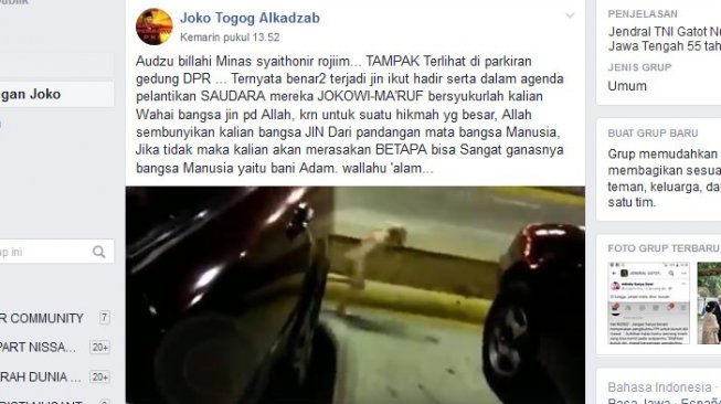 Unggahan video yang disebut jin ikut hadiri pelantikan Jokowi. (Bidik layar Facebook)