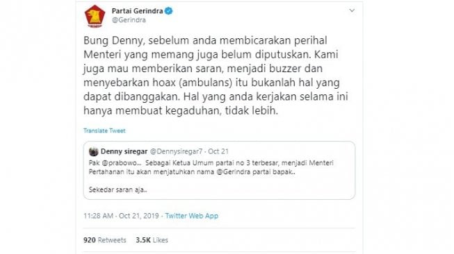 Partai Gerindra membalas sindiran Denny Siregar soal Prabowo Subianto jadi menteri (twitter @Gerindra)