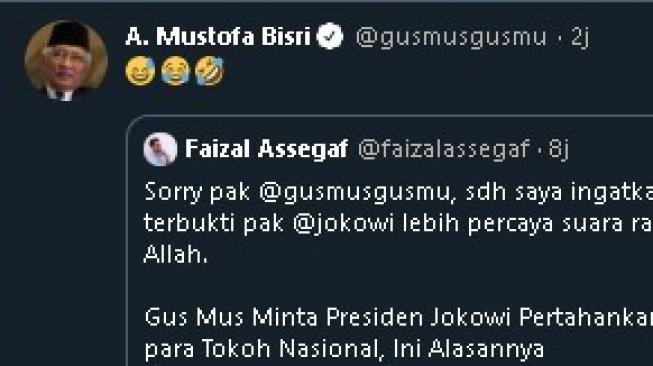 Balasan Gus Mus untuk Faisal Assegaf. (Twitter)