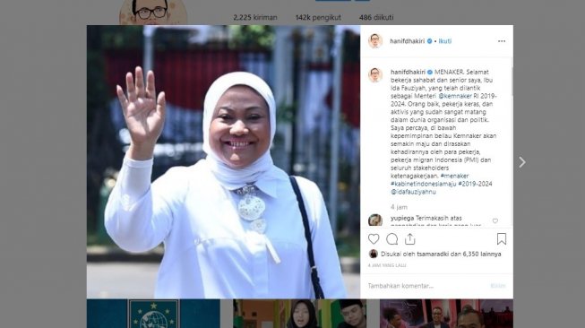 Ucapan selamat Hanif Dhakiri ke Ida Fauziyah (instagram/@hanifdhakiri)