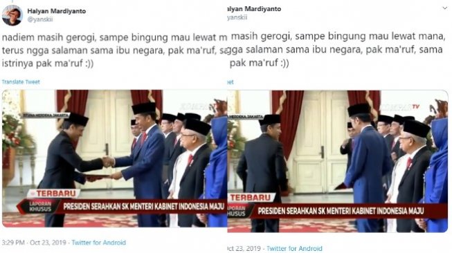 Nadiem Makarim menerima SK Menteri dari Presiden Jokowi (twitter @yanskii)