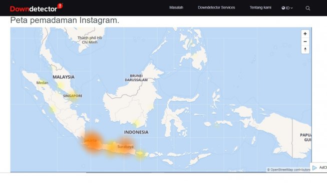 Peta pemadaman Instagram. [Down Detector]