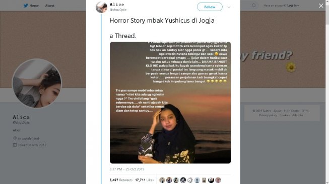 Utas viral tentang kisah horor liburan di Jogja - (Twitter/@choc0piie)