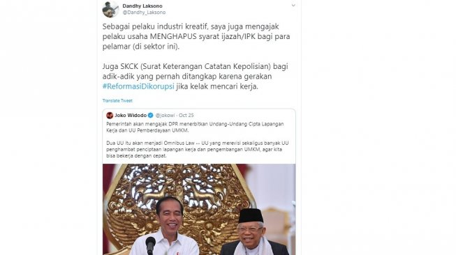 Usul Pendiri rumah produksi Watchdoc, Dandhy Laksono untuk UU Cipta Lapangan Kerja (twitter @Dandhy_Laksono)