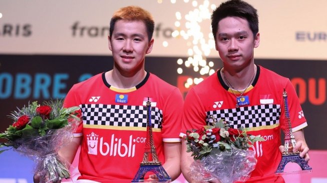 Pasangan ganda putra Indonesia, Kevin Sanjaya Sukamuljo / Marcus Fernaldi Gideon menjuarai French Open 2019. [Dok. PBSI]