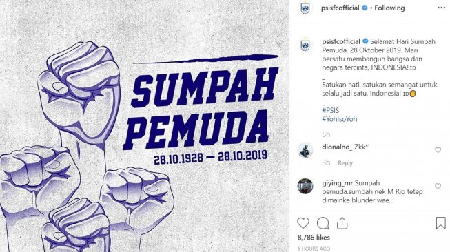 Hari Sumpah Pemuda 28 Oktober 2019, diperingati juga oleh PSIS Semarang. (Instagram/@psisofficial)