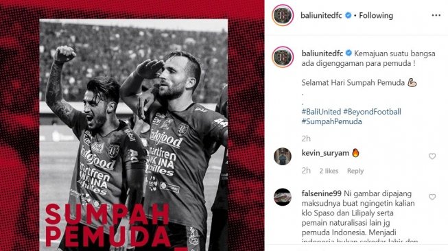 Klub Liga 1 asal Bali ikut memperingati Hari Sumpah Pemuda 28 Oktober 2019. (Instagram/@baliunitedfc)