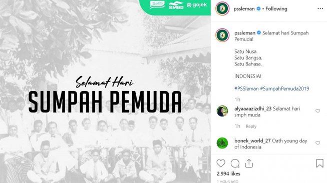 PSS Sleman ikut memperingati Hari Sumpah Pemuda, 28 Oktober 2019 di jejaring sosial Instagra. (Instagram/@pssleman)