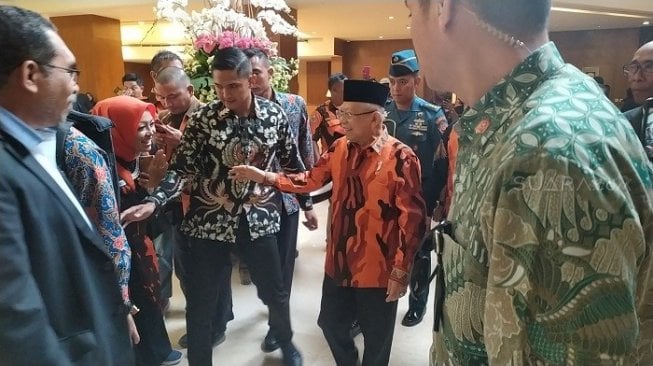 Wapres RI Maruf Amin saat menghadiri HUT ke-60 Pemuda Pancasila. (Suara.com/Stephanus Aranditio).