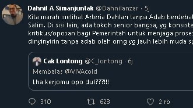 Sindiran Dahnil Anzar Simanjutak ke Cak Lontong. (Twitter)