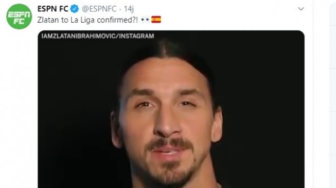 Tangkapan layar pernyataan penyerang LA Galaxy, Zlatan Ibrahimovic yang bakal kembali ke Spanyol. (Twitter/@ESPNFC)