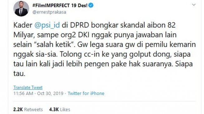 Twit Ernest Prakasa soal skandal rencana anggaran DKI 2020. [Twitter]