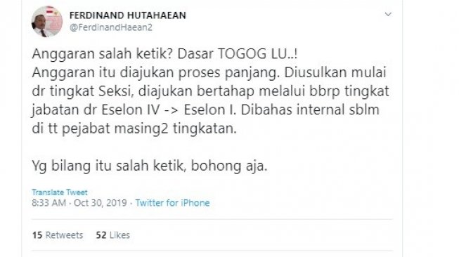 Tanggapan Politikus Partai Demokrat Ferdinand Hutahaean soal ABPD DKI yang disebut salah ketik. (twitter @FerdinandHaean2)