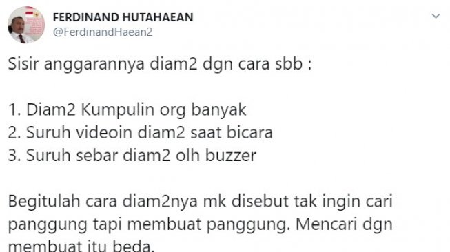 Cuitan politikus Demokrat Ferdinand Hutahean di akun Twitter pribadinya. (@FerdinanHaean2)