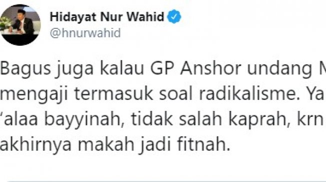 Cuitan Wakil Ketua Majelis Syuro PKS Hidayat Nur Wahid. (Twitter @hnurwahid).