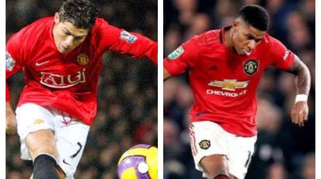 Marcus Rashford menirukan tendangan bebas mantan Pemain Manchester United, Cristiano Ronaldo. (Twitter/@vlindelof)