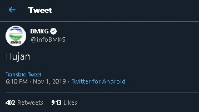 Cuitan singkat BMKG. (Twitter/@infoBMKG)